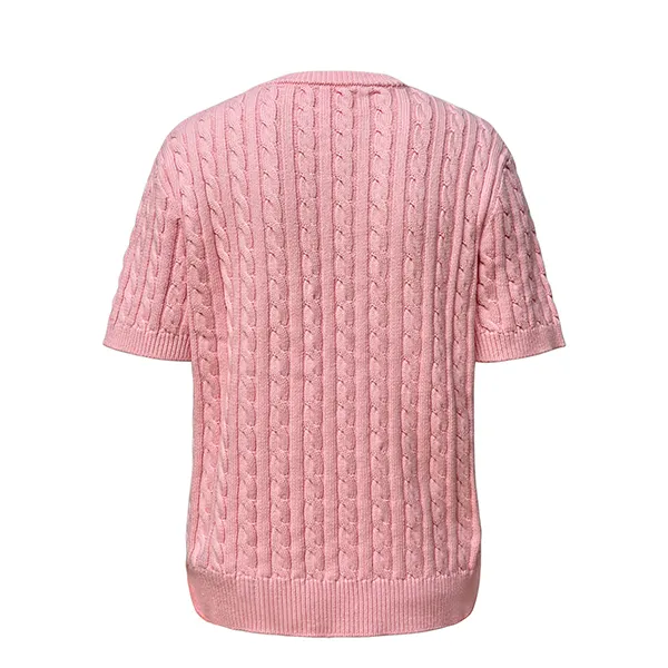 cable knit short sleeve crewneck pullover chest pocket back
