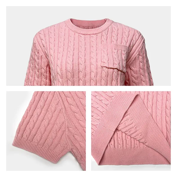 cable knit short sleeve crewneck pullover chest pocket knitting details