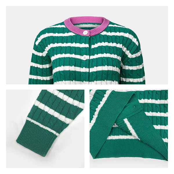 striped cable knit button up cardigan contrast collar knitting details