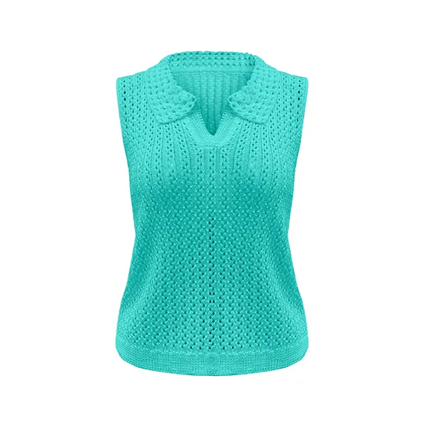 textured pointelle knit sleeveless polo vest cyan