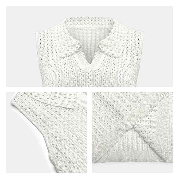 textured pointelle knit sleeveless polo vest knitting details