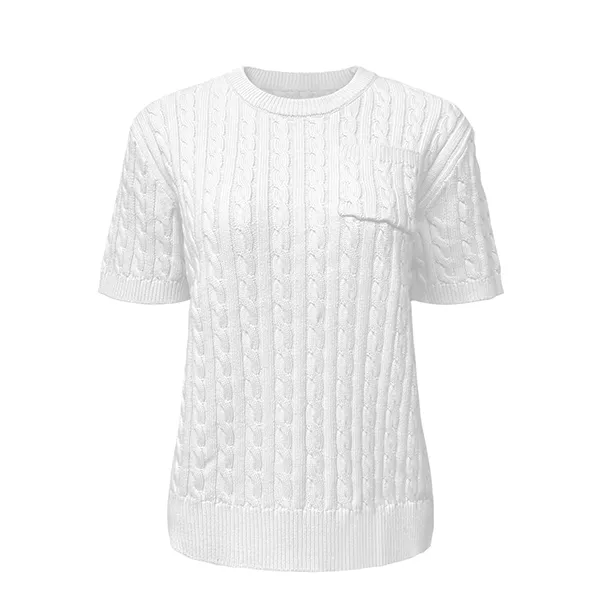 white cable knit short sleeve crewneck pullover chest pocket