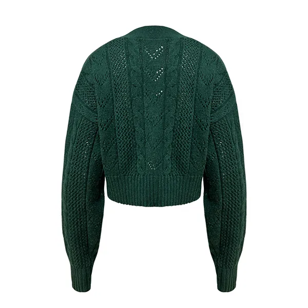 cable knit cropped cardigan v neck pointelle back