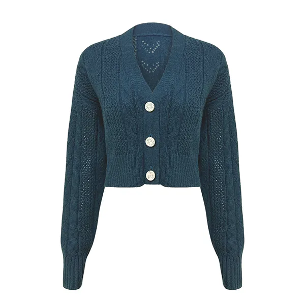 cable knit cropped cardigan v neck pointelle blue