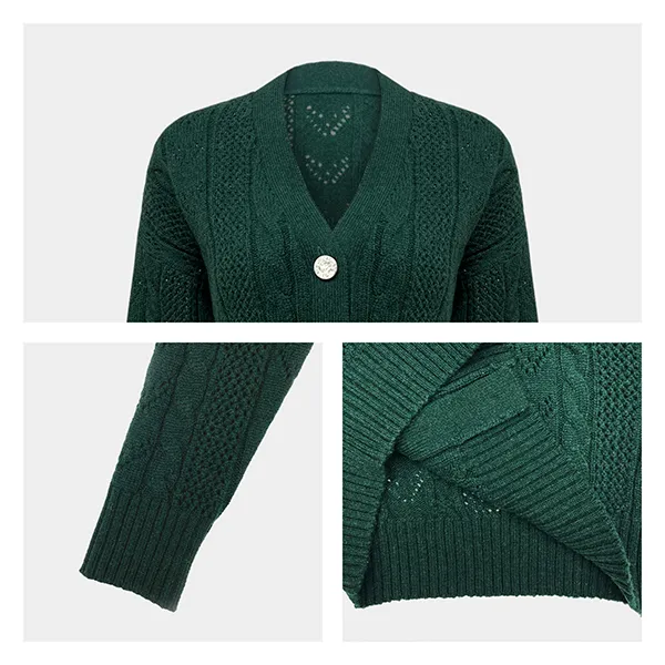 cable knit cropped cardigan v neck pointelle knitting details