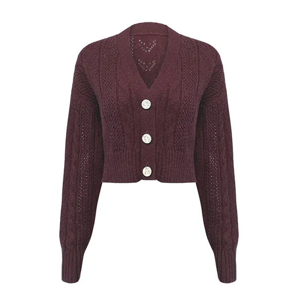 cable knit cropped cardigan v neck pointelle red