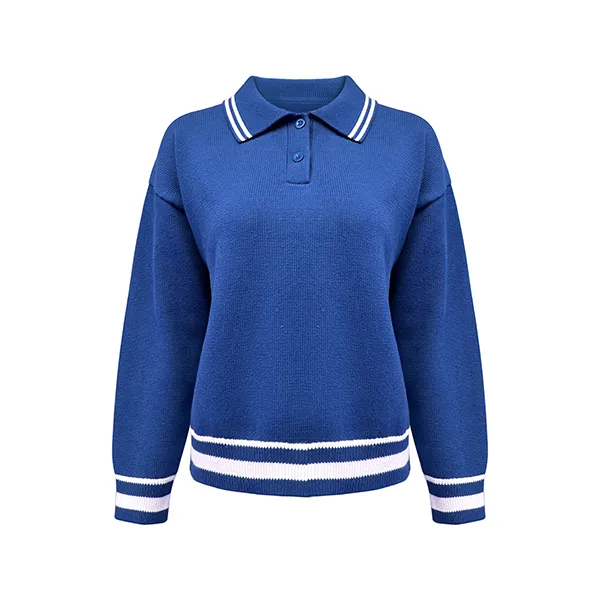 knitted drop shoulder polo pullover striped trim blue