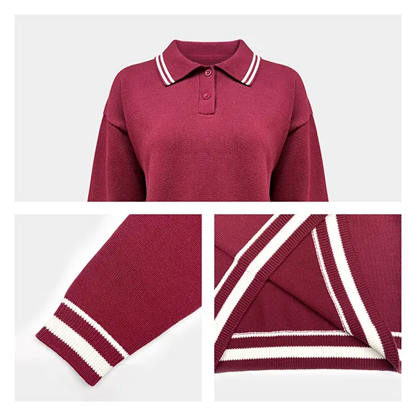 knitted drop shoulder polo pullover striped trim knitting details