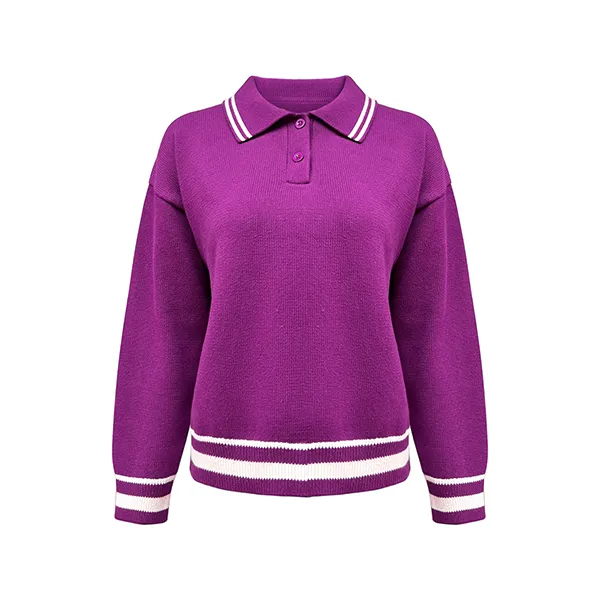 knitted drop shoulder polo pullover striped trim purple