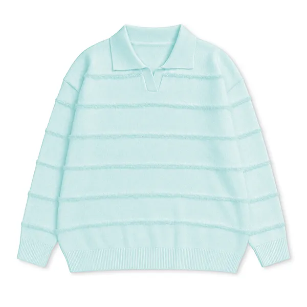 knitted polo pullover drop shoulder stripe vent hem blue