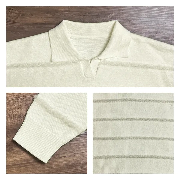 knitted polo pullover drop shoulder stripe vent hem knitting details