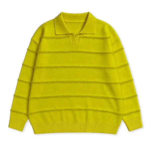knitted polo pullover drop shoulder stripe vent hem yellow
