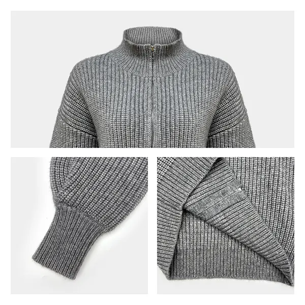 chunky ribbed knit full zip mock neck cardigan knitting details