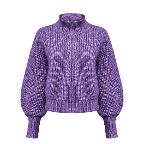purple chunky ribbed knit full zip mock neck cardigan