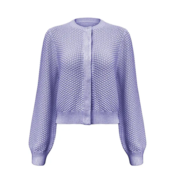 purple textured knit hidden placket cropped cardigan balloon sleeve