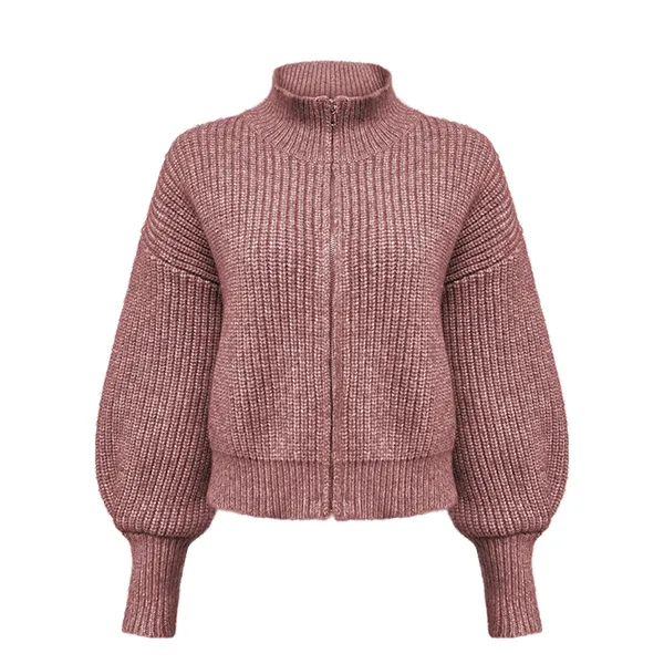 red chunky ribbed knit full zip mock neck cardigan