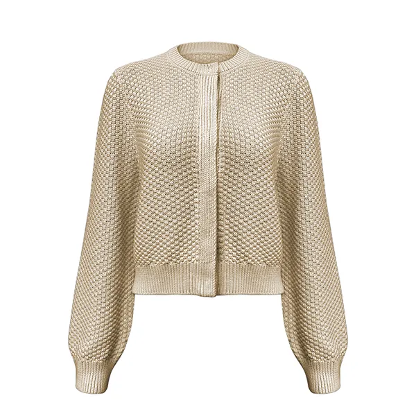 yellow textured knit hidden placket cropped cardigan balloon sleeve