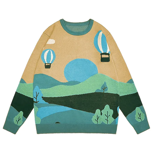 cyan drop shoulder landscape jacquard knit pullover