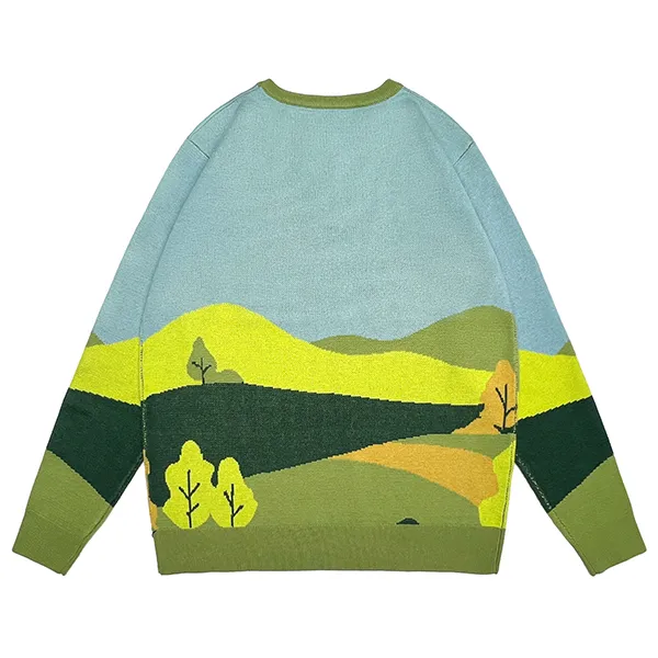 drop shoulder landscape jacquard knit pullover back