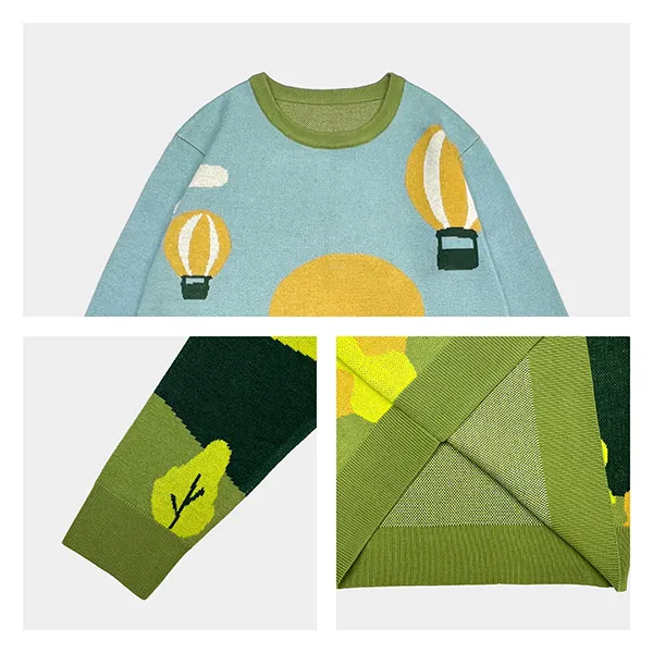 drop shoulder landscape jacquard knit pullover knitting details