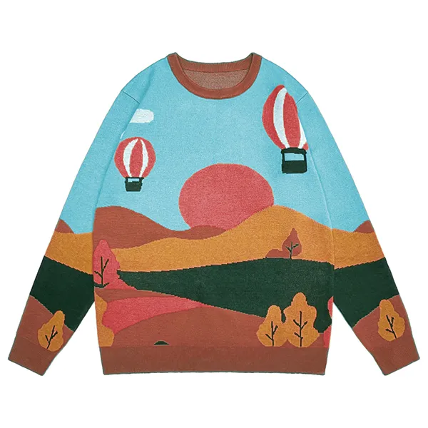 red drop shoulder landscape jacquard knit pullover