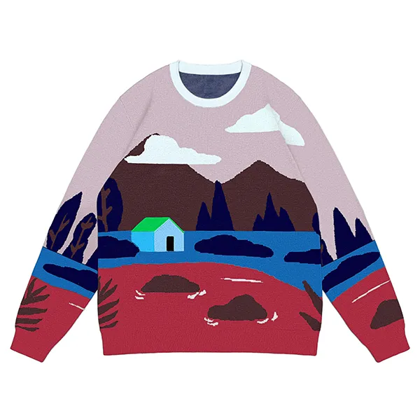 red scenic landscape knit drop shoulder pullover