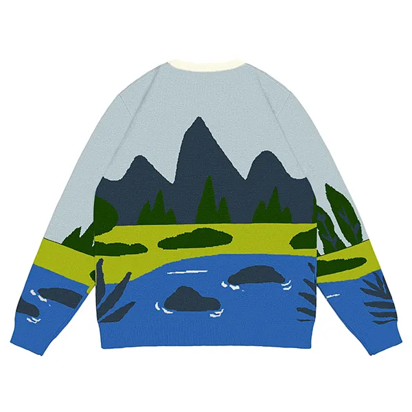 scenic landscape knit drop shoulder pullover back