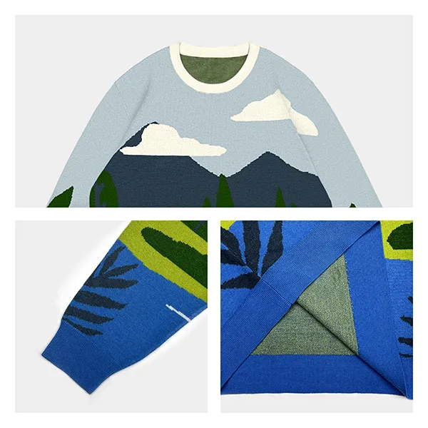 scenic landscape knit drop shoulder pullover knitting details