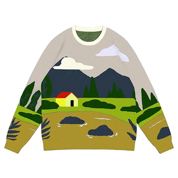 yellow scenic landscape knit drop shoulder pullover