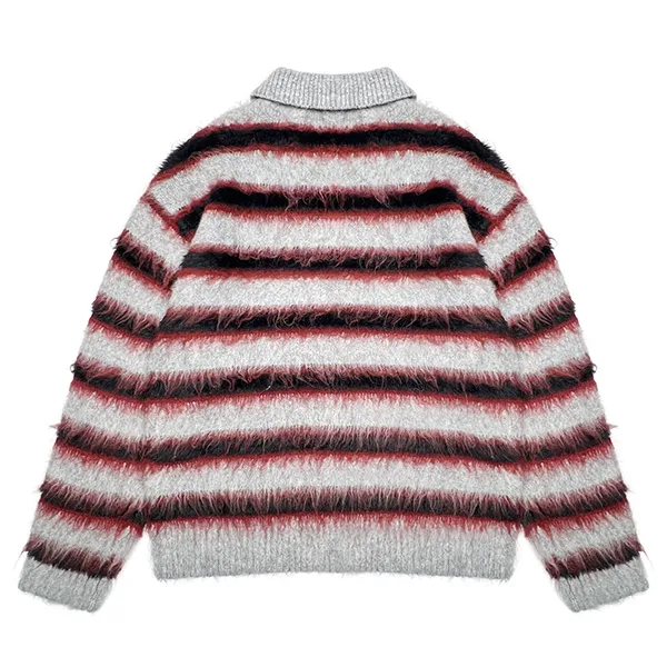 fuzzy striped knit polo pullover drop shoulder back