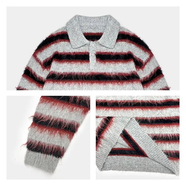 fuzzy striped knit polo pullover drop shoulder knitting details