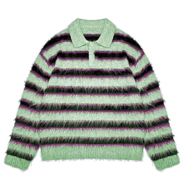 green fuzzy striped knit polo pullover drop shoulder