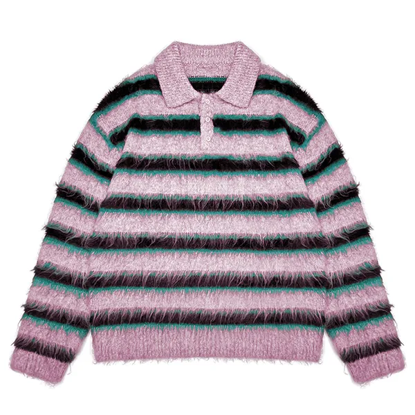 pink fuzzy striped knit polo pullover drop shoulder