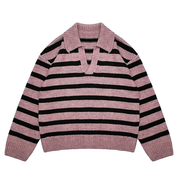 pink relaxed horizontal stripe knit open placket polo
