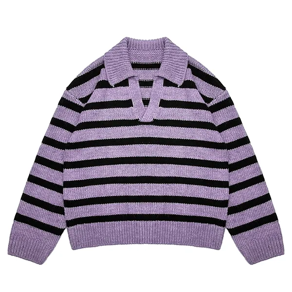 purple relaxed horizontal stripe knit open placket polo
