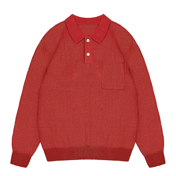 red drop shoulder ribbed knit long sleeve polo