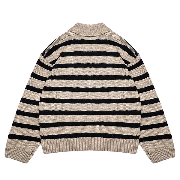 relaxed horizontal stripe knit open placket polo back