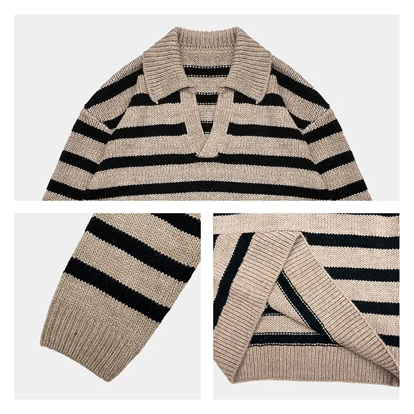 relaxed horizontal stripe knit open placket polo knitting details