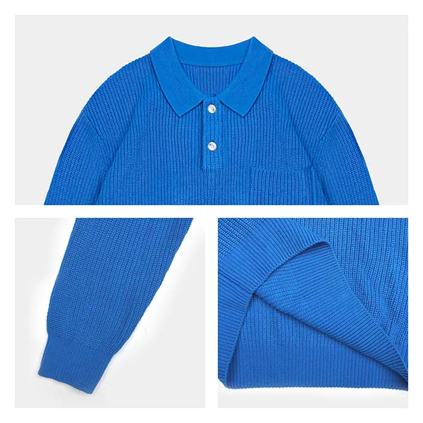 drop shoulder ribbed knit long sleeve polo knitting details