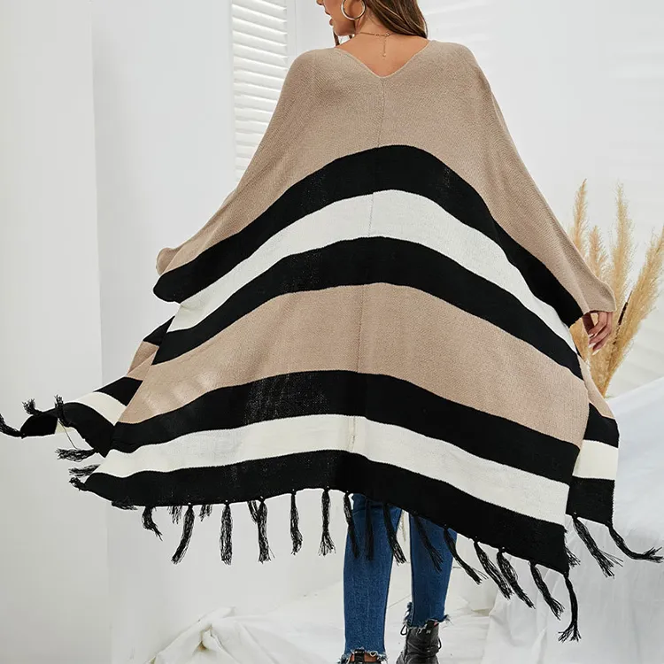 striped knit poncho cardigan fringe back