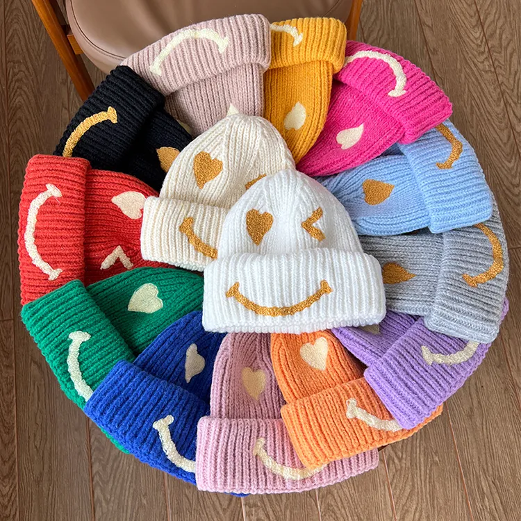 smiley face ribbed knit beanie flat display