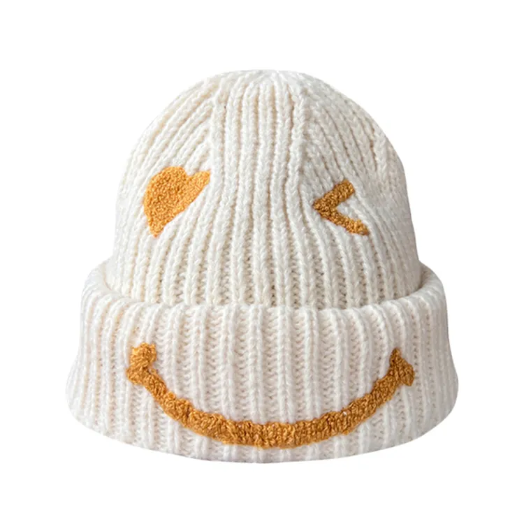 smiley face ribbed knit beanie white