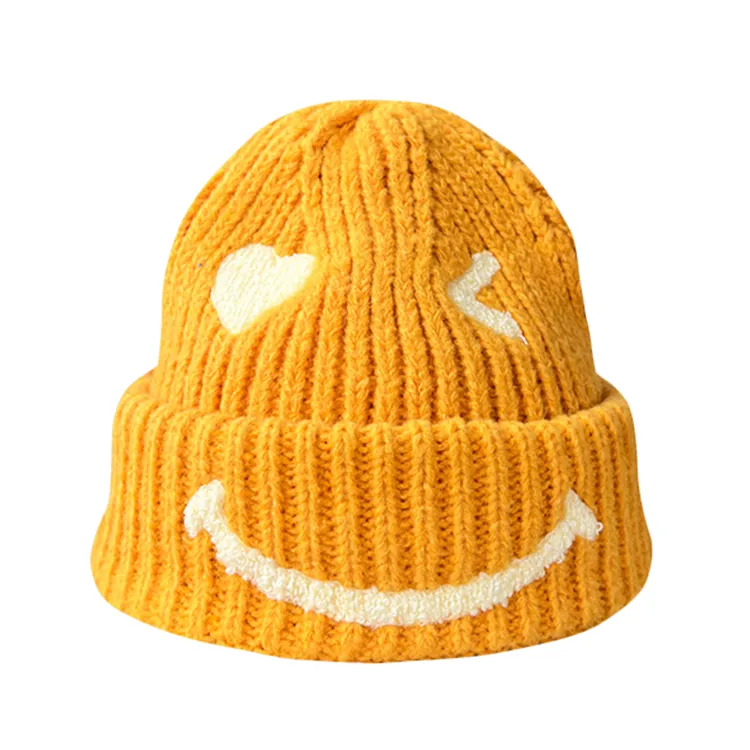 smiley face ribbed knit beanie yellow