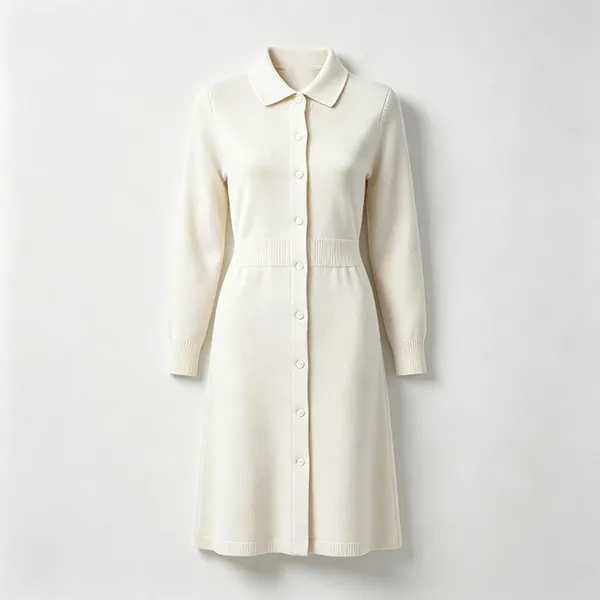 knitted button front medical uniform dress white