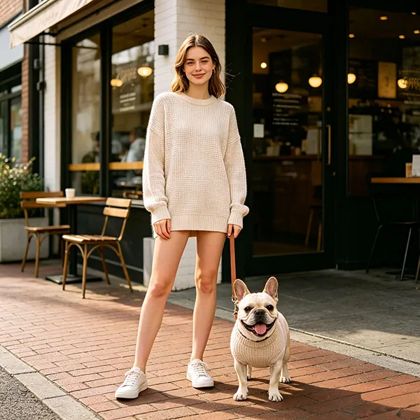 waffle knit oversized tunic and dog sweater for urban street leisure