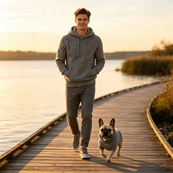 matching pet owner hooded pullover lakeside walk