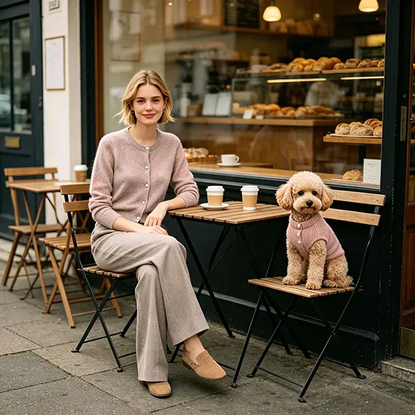 matching dog and owner crewneck knit cardigan cafe outdoor