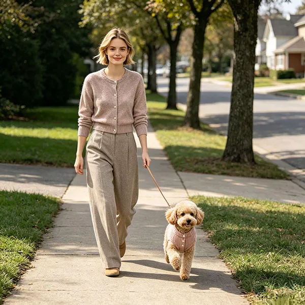 matching dog and owner knitwear walking on suburban street