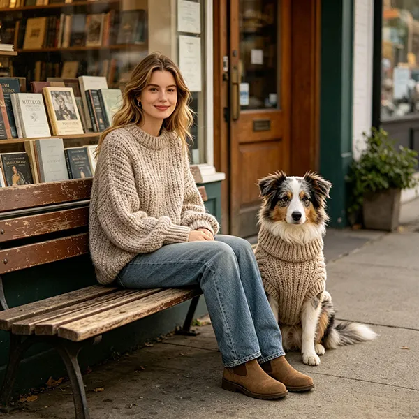 matching dog and owner ribbed crewneck sweater bench