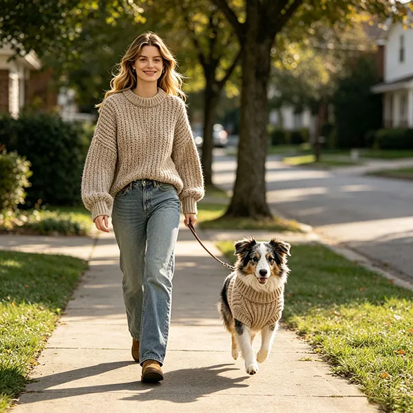 matching dog owner ribbed sweater walking on sidewalk